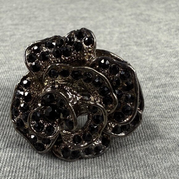 Adjustable Black Rhinestone Rose Flower Ring With Stretch Band Size 9 Women - Picture 9 of 16
